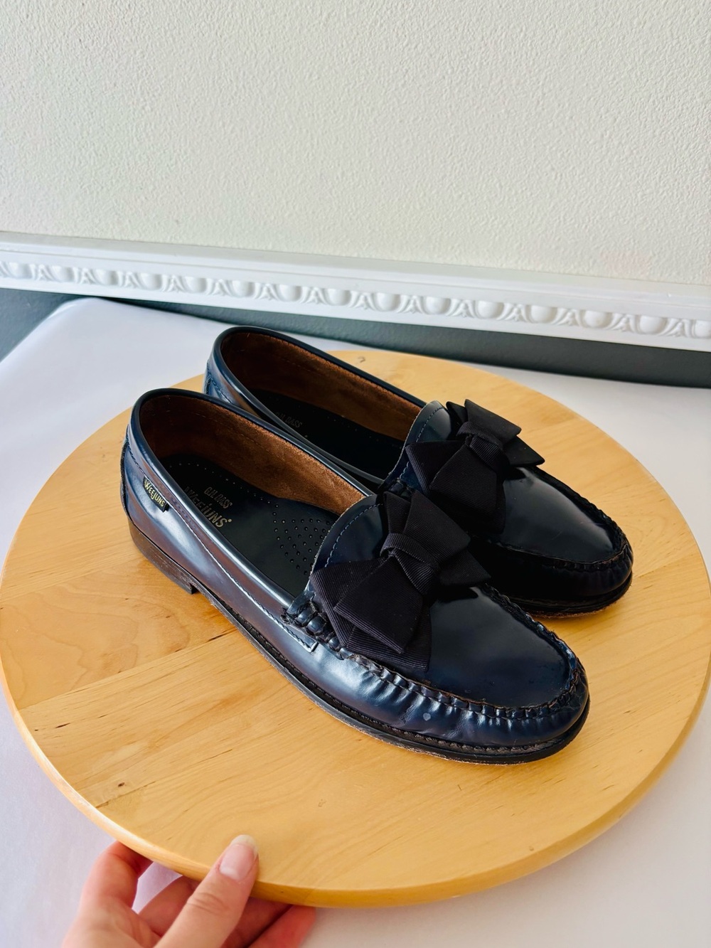 G.H. Bass & Co. Navy Patent Loafers with Bow Accent